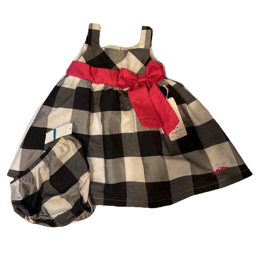Lilybird Toddler Size 24M Black & White Plaid Pink Bow Sleeveless Dress Bloomers